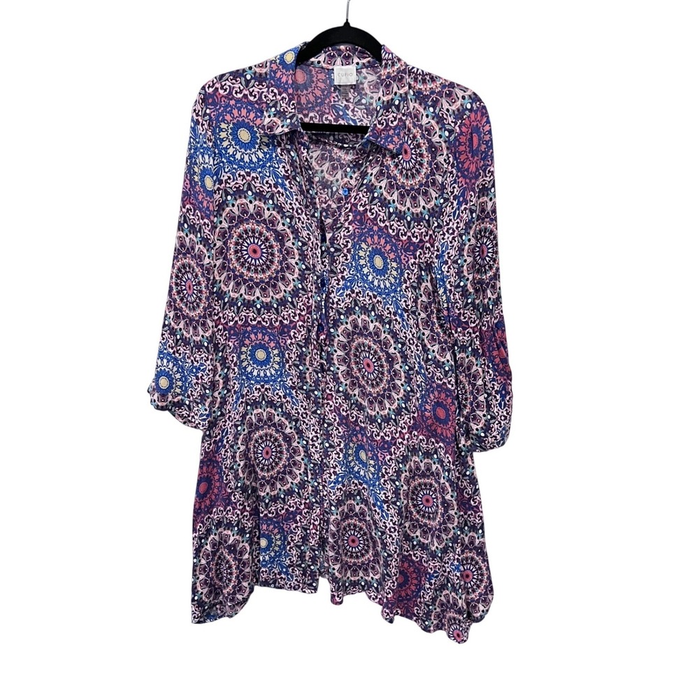 CUPiO Mandala Print‎ Tunic Shirt Dress Women Size L  Sleeve V Neck